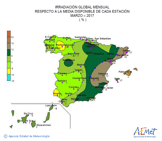 Distribución de la irradiación media global en España (marzo 2017)