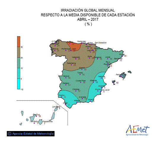Distribución de la irradiación media global en España (abril 2017)