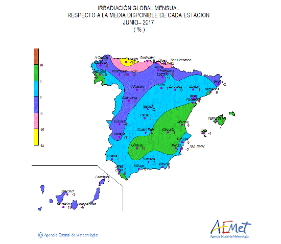 Distribución de la irradiación media global en España (junio 2017)