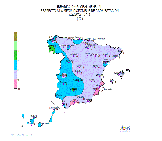 Distribución de la irradiación media global en España (agosto 2017)