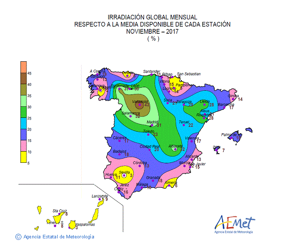 Distribución de la irradiación media global en España (noviembre 2017)