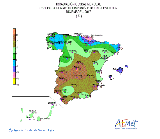 Distribución de la irradiación media global en España (diciembre 2017)