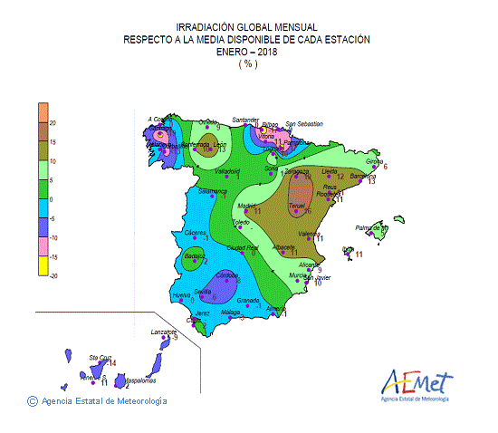 Distribución de la irradiación media global en España (enero 2018)