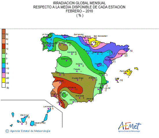 Distribución de la irradiación media global en España (febrero 2018)