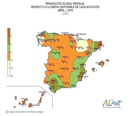 Distribución de la irradiación media global en España (abril 2018)