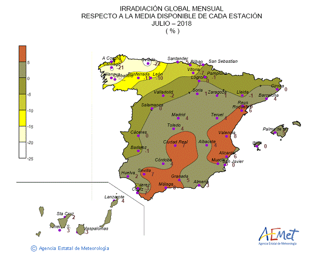 Distribución de la irradiación media global en España (julio 2018)