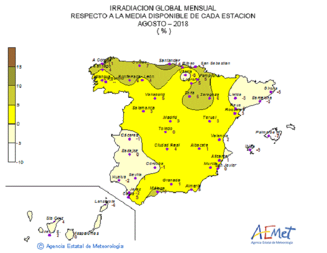 Distribución de la irradiación media global en España (agosto 2018)