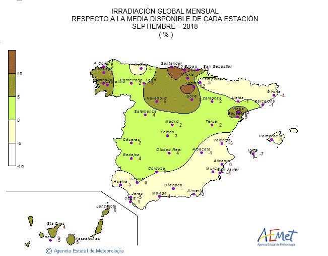 Distribución de la irradiación media global en España (septiembre 2018)