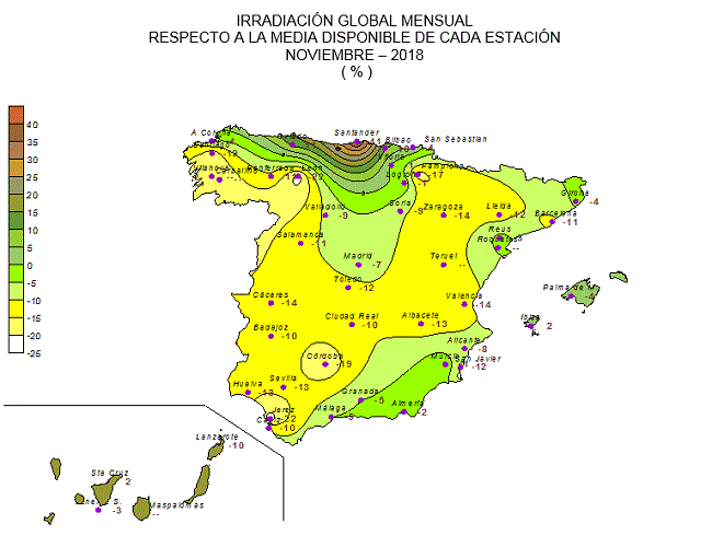 Distribución de la irradiación media global en España (noviembre 2018)