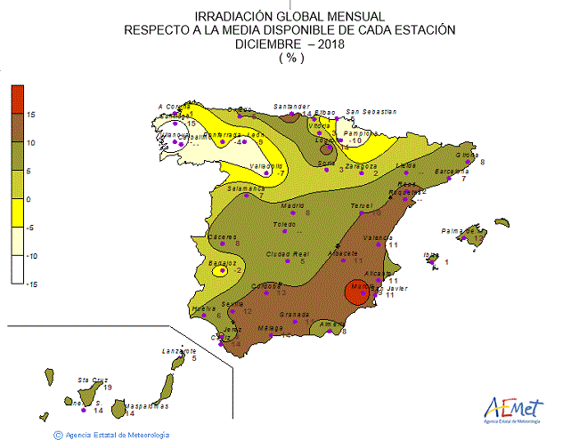 Distribución de la irradiación media global en España (diciembre 2018)