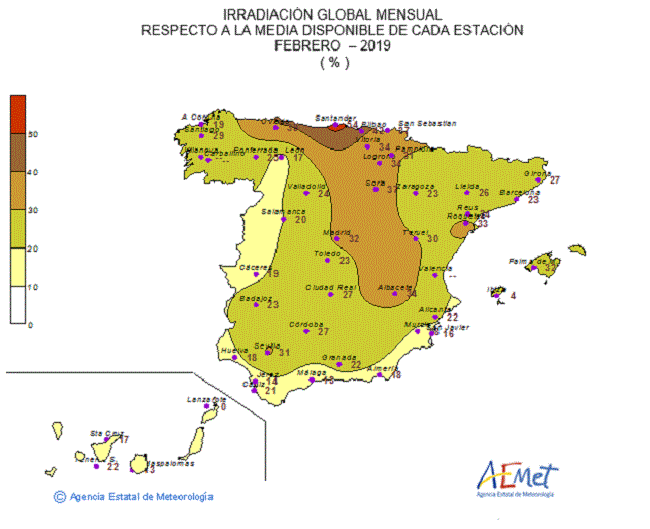 Distribución de la irradiación media global en España (febrero 2019)
