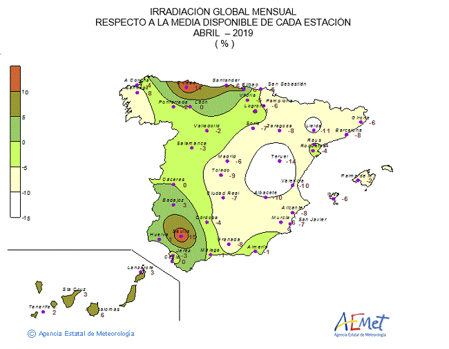 Distribución de la irradiación media global en España (abril 2019)