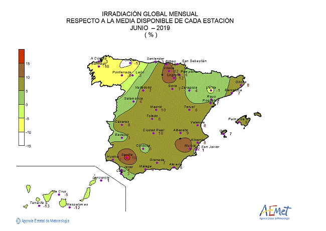 Distribución de la irradiación media global en España (junio 2019)