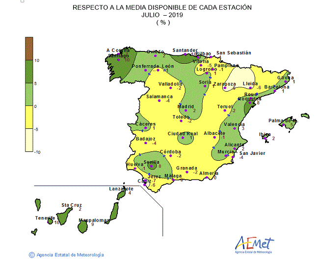 Distribución de la irradiación media global en España (julio 2019)