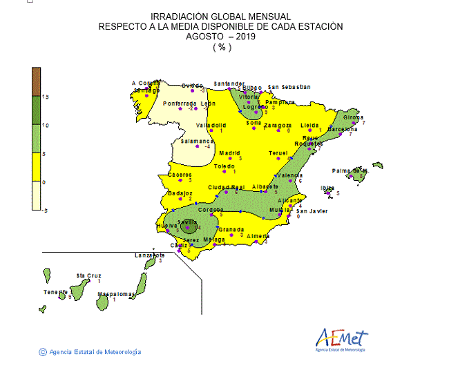 Distribución de la irradiación media global en España (agosto 2019)