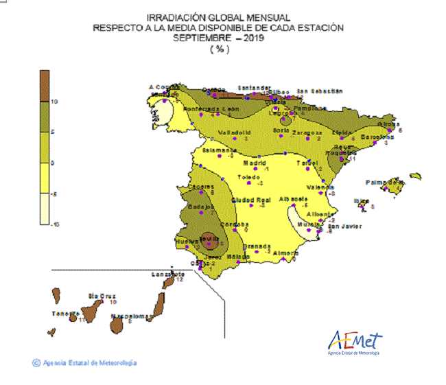 Distribución de la irradiación media global en España (septiembre 2019)