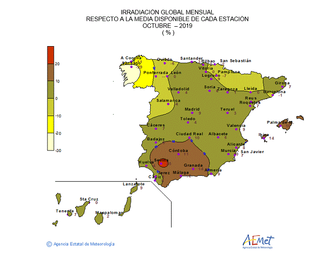 Distribución de la irradiación media global en España (octubre 2019)