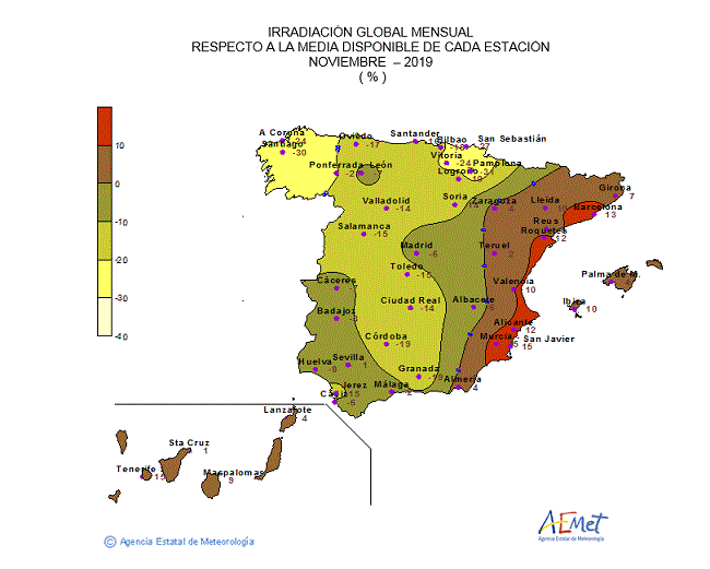 Distribución de la irradiación media global en España (noviembre 2019)