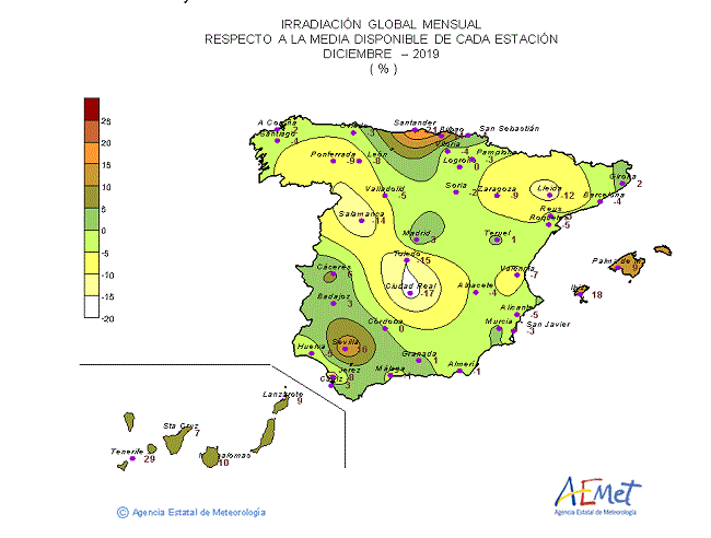 Distribución de la irradiación media global en España (diciembre 2019)