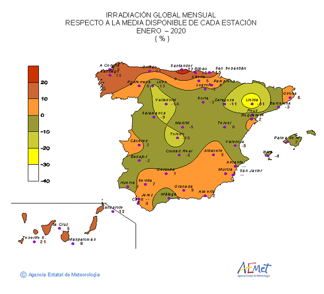 Distribución de la irradiación media global en España (enero 2020)