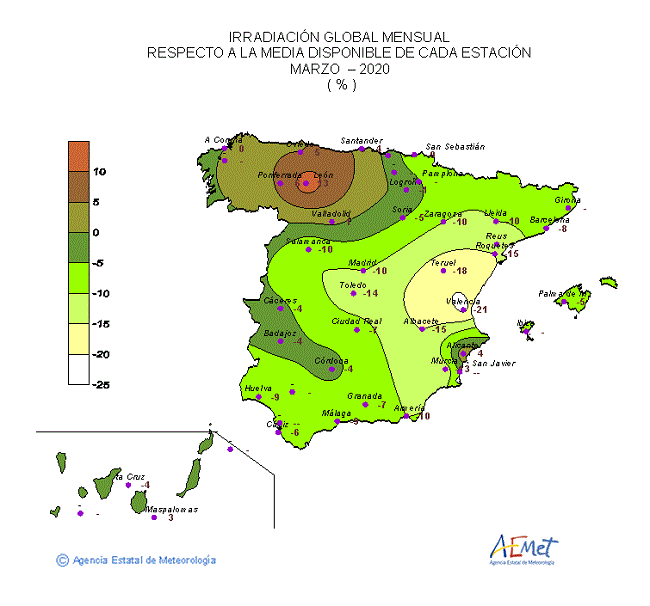 Distribución de la irradiación media global en España (marzo 2020)