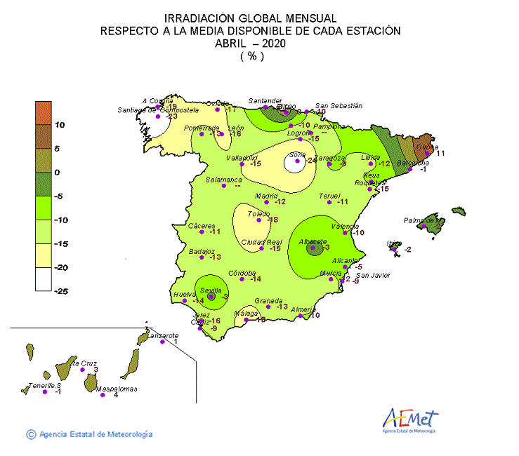 Distribución de la irradiación media global en España (abril 2020)