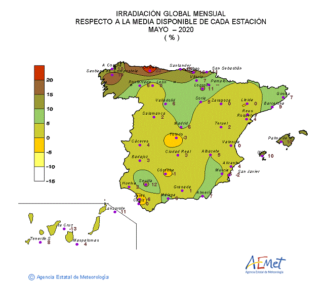 Distribución de la irradiación media global en España (mayo 2020)