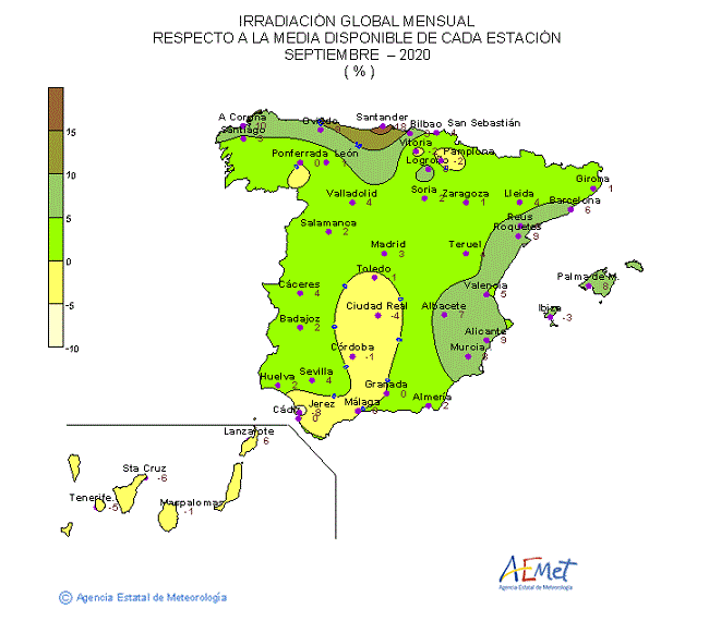 Distribución de la Irradiación media global en España (septiembre 2020)