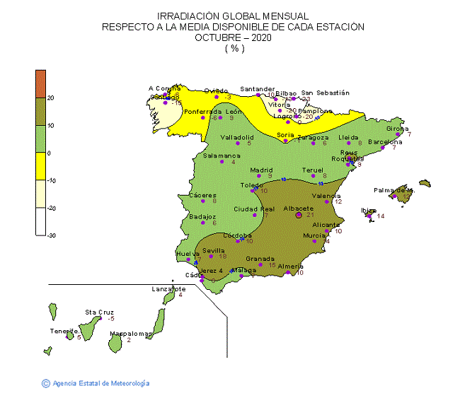 Distribución de la Irradiación media global en España (octubre 2020)