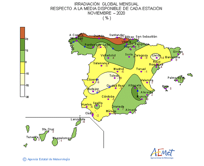 Distribución de la Irradiación media global en España (noviembre 2020)