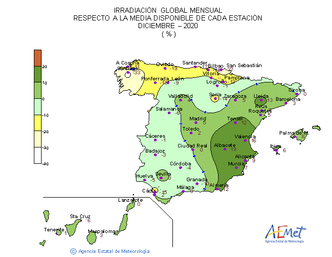 Distribución de la Irradiaciín media global en España (diciembre 2020)