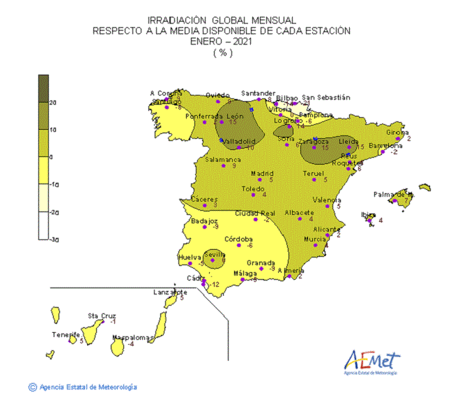 Distribución de la Irradiación media global en España (enero 2021)