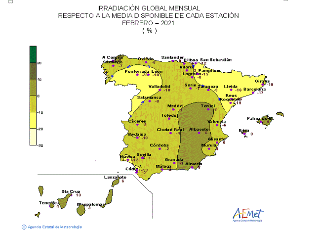 Distribución de la Irradiación media global en España (febrero 2021)