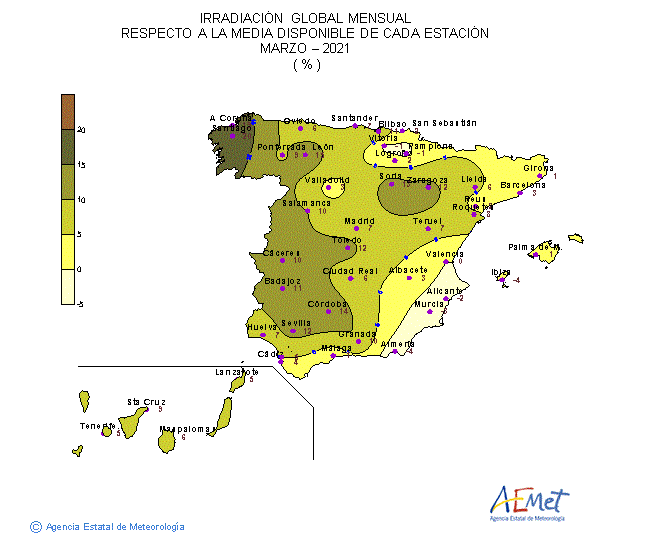 Distribución de la Irradiación media global en España (marzo 2021)