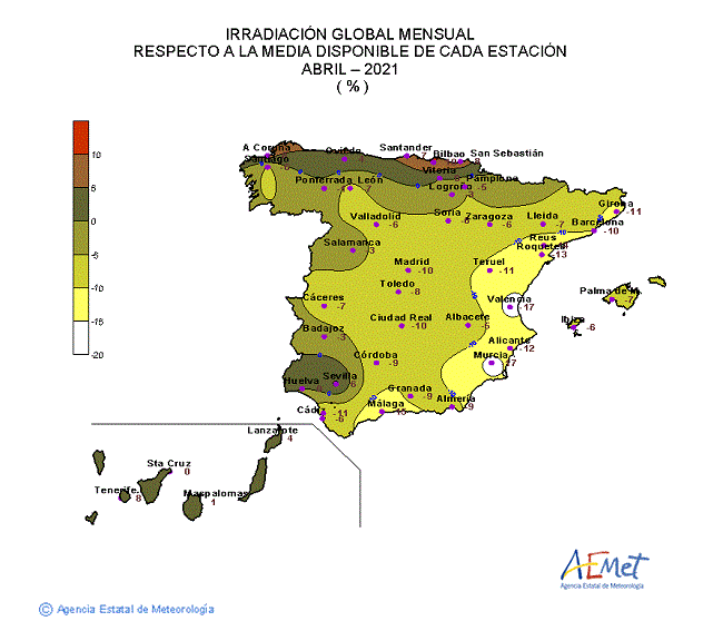 Distribución de la Irradiación media global en España (abril 2021)