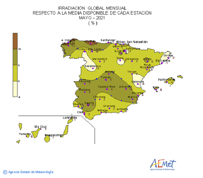 Distribución de la Irradiación media global en España (mayo 2021)