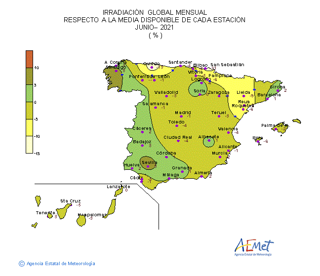 Distribución de la Irradiación media global en España (junio 2021).