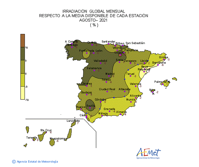 Distribución de la Irradiación media global en España (agosto 2021)