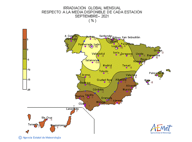 Distribución de la Irradiación media global en España (septiembre 2021)