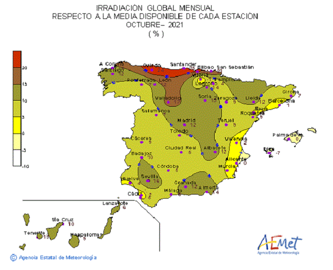 Distribución de la Irradiación media global en España (octubre 2021)