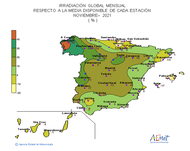 Distribución de la Irradiación media global en España (noviembre 2021)