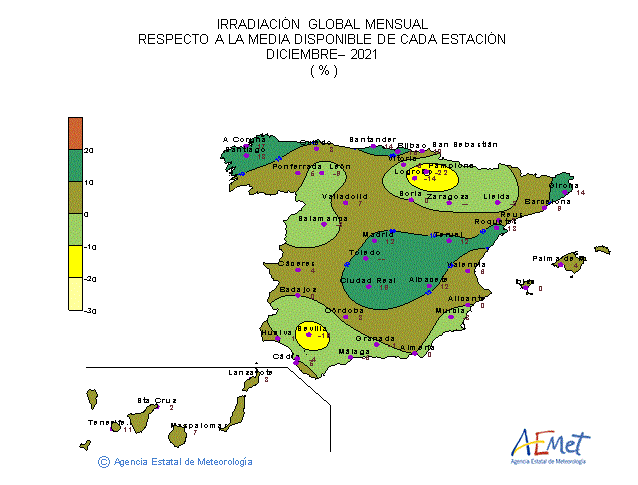 Distribución de la Irradiación media global en España (diciembre 2021)