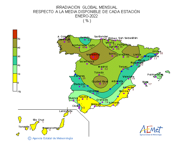 Distribución de la Irradiación media global en España (enero 2022)