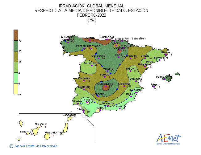 Distribución de la Irradiación media global en España (febrero 2022)