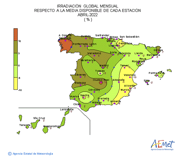 Distribución de la Irradiación media global en España (abril 2022)