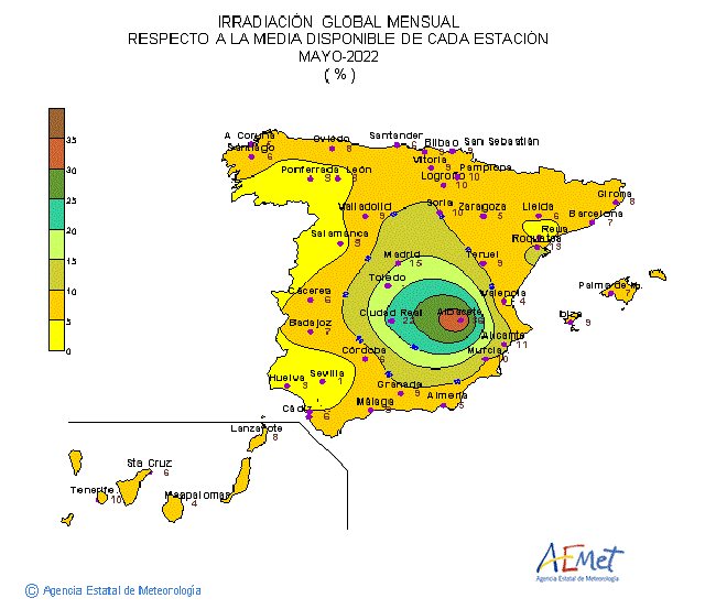 Distribución de la Irradiación media global en España (mayo 2022)