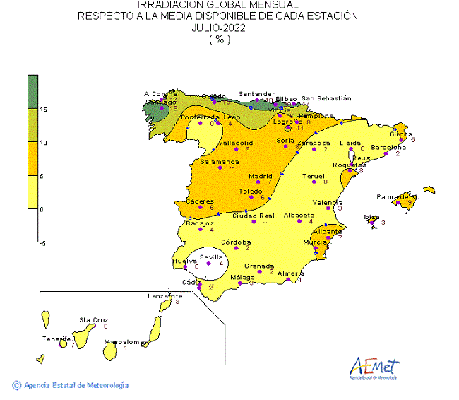 Distribución de la Irradiación media global en España (julio 2022).
