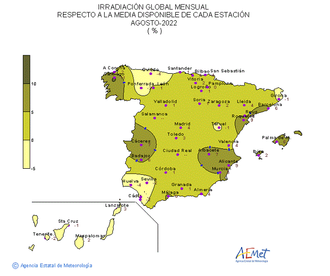 Distribución de la Irradiación media global en España (agosto 2022)