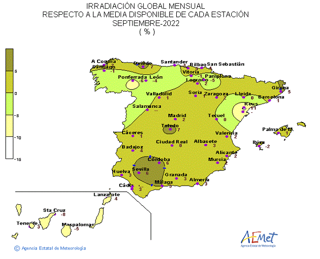 Distribución de la Irradiación media global en España (septiembre 2022)