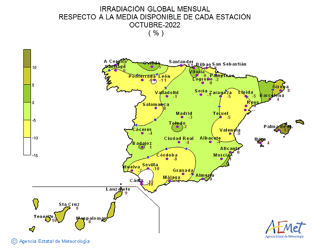 Distribución de la Irradiación media global en España (octubre 2022)